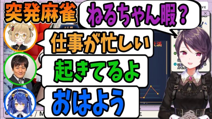 【切り抜き】郡道美玲「ねるちゃん暇？」因幡はねる「仕事で忙しい」多井隆晴「起きてるよ」天宮こころ「何？（眠たい）」【あにまーれ/にじさんじ】#神域リーグ、Mリーグ、麻雀、雀魂